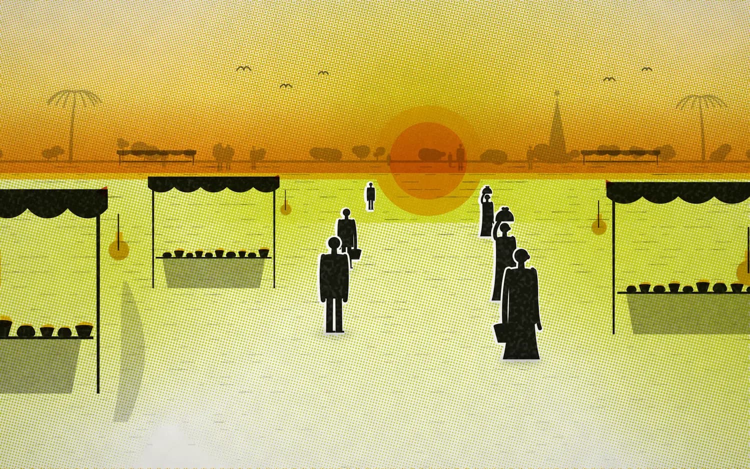 A printed village market at dusk, seen down its central lane: stalls under scalloped awnings line both sides with lamps hung and lit, the crowd walks between them settling the day's trade, and the lane runs to a low orange sun and a temple spire on the horizon. Birds cross the amber sky.