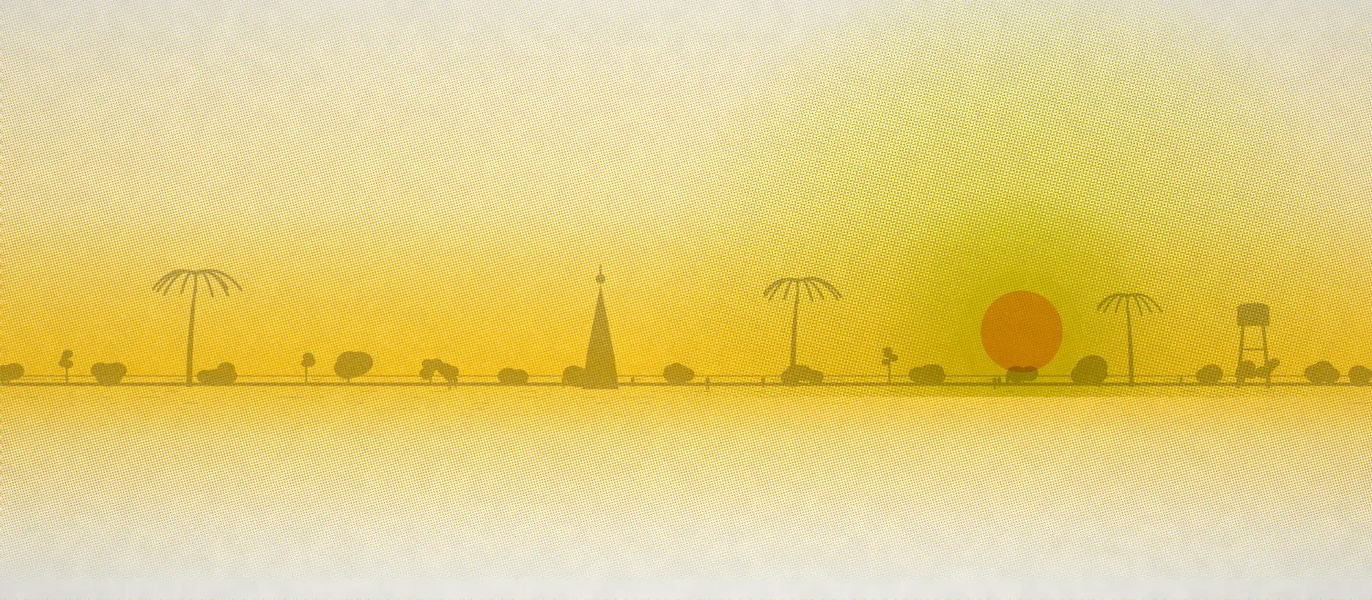 A printed panorama of a village haat at first light: two stalls under scalloped awnings face each other over counters heaped with grain, a woman carries a bundle on her head, a vendor sits behind his baskets, and a line of shoppers thins into the haze past a temple spire. The sun is low and enormous.