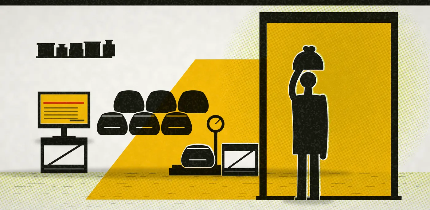 An agri-store's godown, printed: sunlight floods through an open door where a porter carries a sack out, a platform scale weighs a sack in the light, seed sacks and crates are stacked in the dim interior, and the billing screen glows on a crate to one side.