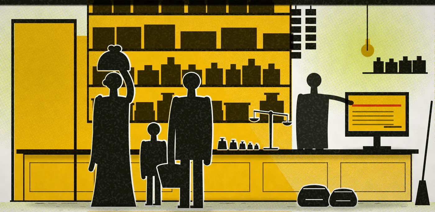 A kirana at opening time, printed: a long counter of tins, jars and bottles on shelves behind, brass weights and a hand balance on top, a shopkeeper reaching across, and the billing screen lit at the far end. Morning light falls through an open door on the left; a woman with a bundle on her head, a child and a man wait at the counter.